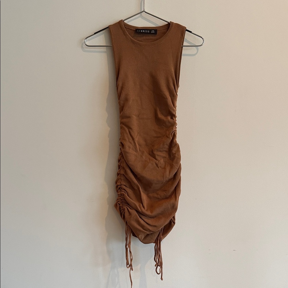 Lioness Tan Ruched Mini Dress